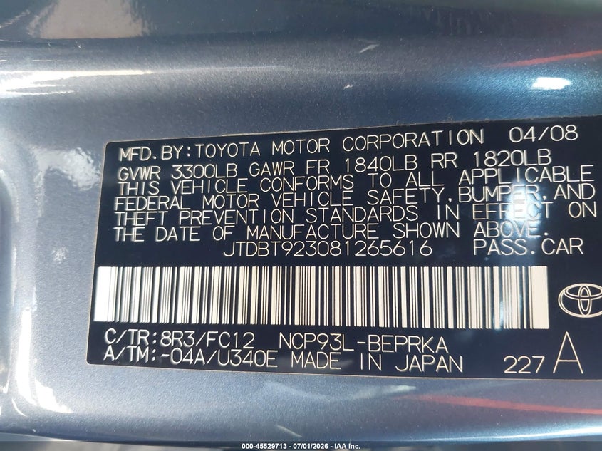 2008 Toyota Yaris VIN JTDBT923081265616 IAAI salvage auction — FRONT & REAR, Salvage (California), sold $675 on 2026-07-20 (photo 9)