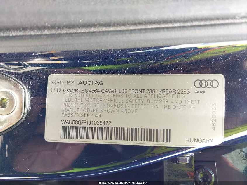 2018 Audi A3 VIN WAUB8GFF1J1039422 IAAI salvage auction — SIDE, Rebuildable (Florida), sold $1,750 on 2026-07-29 (photo 9)