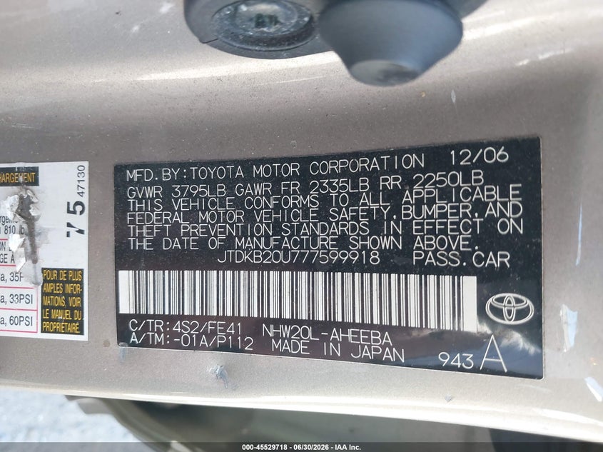 2007 Toyota Prius VIN JTDKB20U777599918 IAAI salvage auction — THEFT, Salvage (California), sold $325 on 2026-07-28 (photo 9)