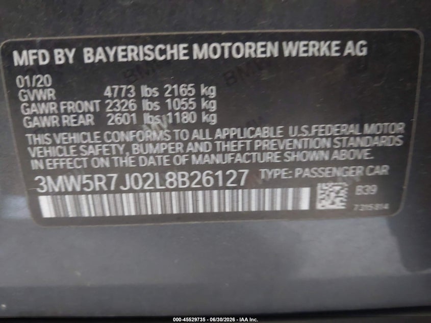 2020 BMW 3er VIN 3MW5R7J02L8B26127 IAAI salvage auction — FRONT & REAR, Salvage (Tennessee), sold $8,500 on 2026-07-29 (photo 9)