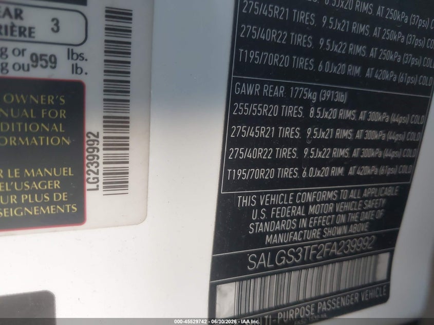 2015 Land rover RANGE ROVER VIN SALGS3TF2FA239992 IAAI salvage auction — LEFT FRONT, Restored (Arizona), sold $7,500 on 2026-07-28 (photo 9)