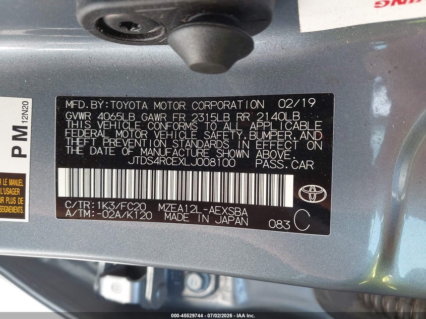 2020 Toyota Corolla VIN JTDS4RCEXLJ008100 IAAI salvage auction — FRONT END, Salvage (Texas), sold $2,150 on 2026-07-28 (photo 9)