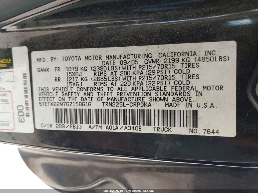 2006 Toyota Tacoma VIN 5TETX22N76Z158616 IAAI salvage auction — NORMAL WEAR, Clear (Illinois), sold $400 on 2026-07-29 (photo 9)