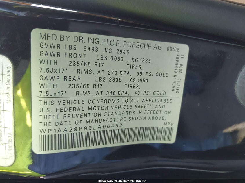 2009 Porsche Cayenne VIN WP1AA29P99LA06452 IAAI salvage auction — REAR END, Parts Only - Bill Of Sale (North Carolina), sold $1,225 on 2026-09-21 (photo 9)