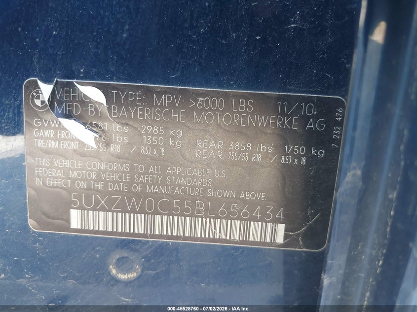 2011 BMW X5 VIN 5UXZW0C55BL656434 IAAI salvage auction — NORMAL WEAR, Original (Vermont), sold $1,600 on 2026-07-16 (photo 9)