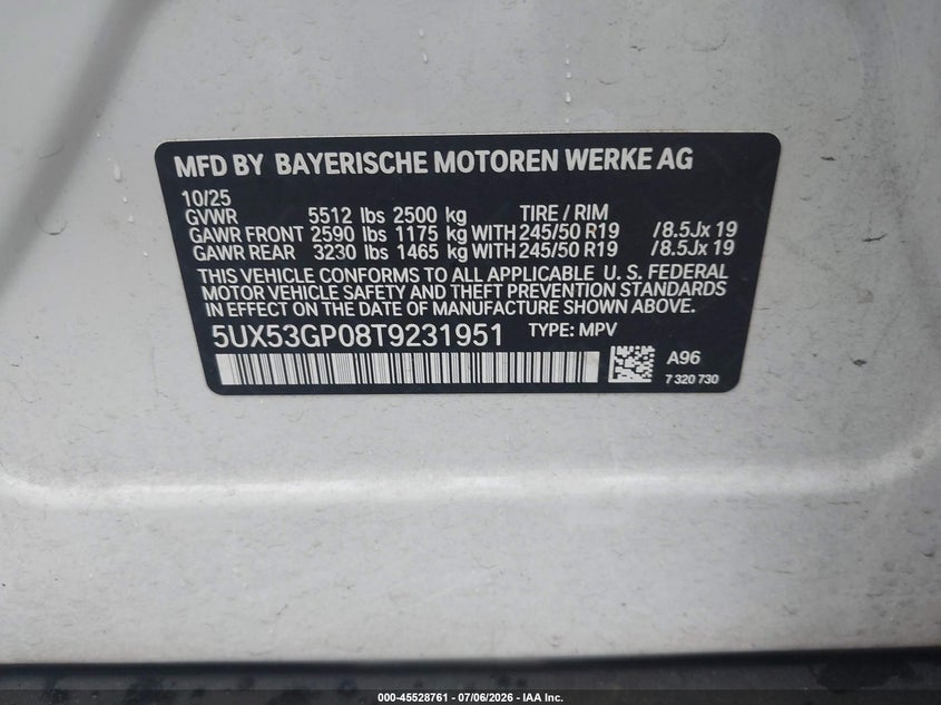 2026 BMW X3 VIN 5UX53GP08T9231951 IAAI salvage auction — FRONT END, Salvage Title (New York), sold $24,800 on 2026-07-28 (photo 9)