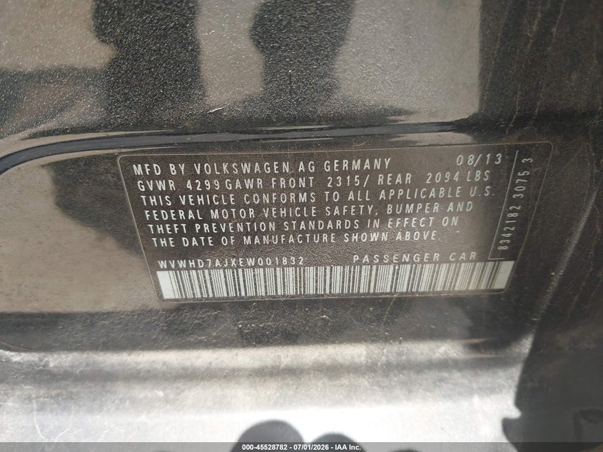 2014 Volkswagen Gti VIN WVWHD7AJXEW001832 IAAI salvage auction — NORMAL WEAR, Original (Texas), sold $1,350 on 2026-07-13 (photo 9)
