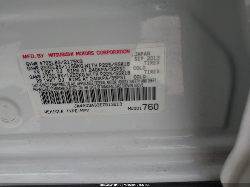 2014 Mitsubishi Outlander VIN JA4AD3A33EZ013213 IAAI salvage auction — FRONT END, Rebuildable (Florida), sold $425 on 2026-07-29 (photo 9)