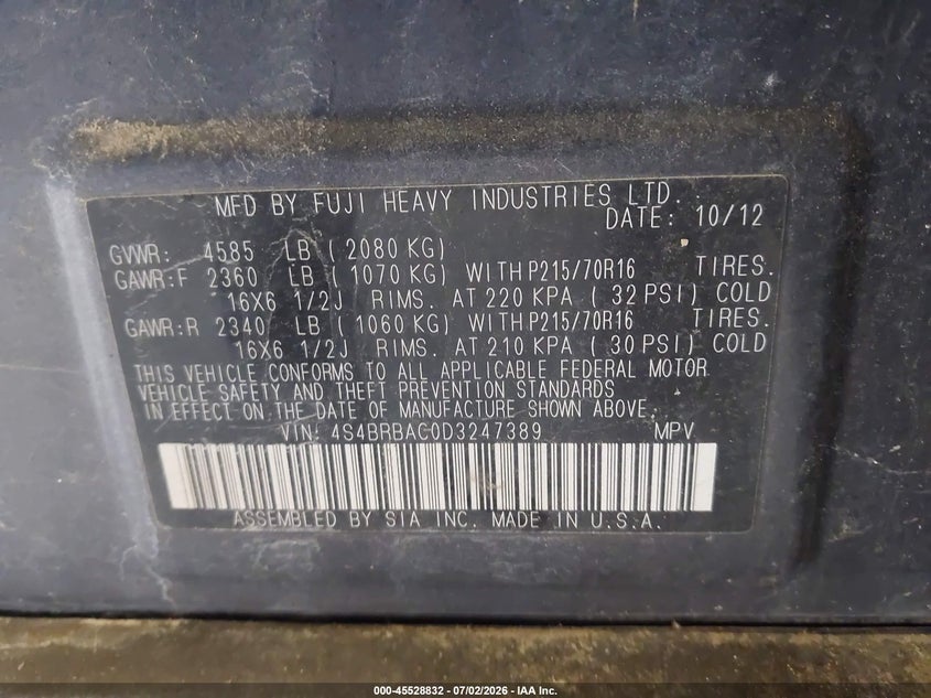 2013 Subaru Outback VIN 4S4BRBAC0D3247389 IAAI salvage auction — THEFT, Salvage (Oregon), sold $1,200 on 2026-07-19 (photo 9)
