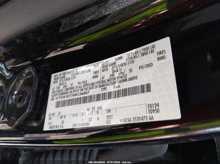 2017 Ford F-150 VIN 1FTEW1EF7HKC94567 IAAI salvage auction — LEFT FRONT, Salvage Title, sold $7,000 on 2026-09-10 (photo 9)
