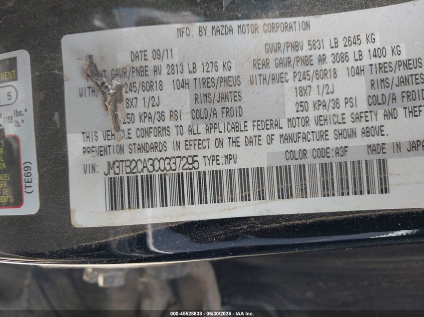 2012 Mazda Cx-9 VIN JM3TB2CA3C0337295 IAAI salvage auction — RIGHT FRONT, Original (Texas), sold $350 on 2026-07-29 (photo 9)