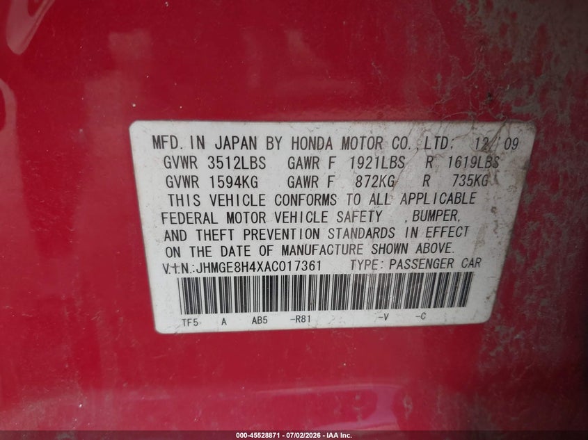 2010 Honda Fit VIN JHMGE8H4XAC017361 IAAI salvage auction — NORMAL WEAR, Clear (Kansas), sold $1,050 on 2026-07-23 (photo 9)