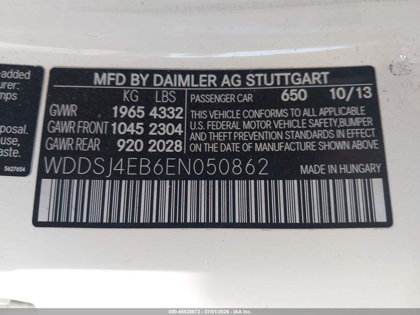 2014 Mercedes-benz Cla-klasse VIN WDDSJ4EB6EN050862 IAAI salvage auction — RIGHT REAR, Clear (Florida), sold $825 on 2026-07-15 (photo 9)