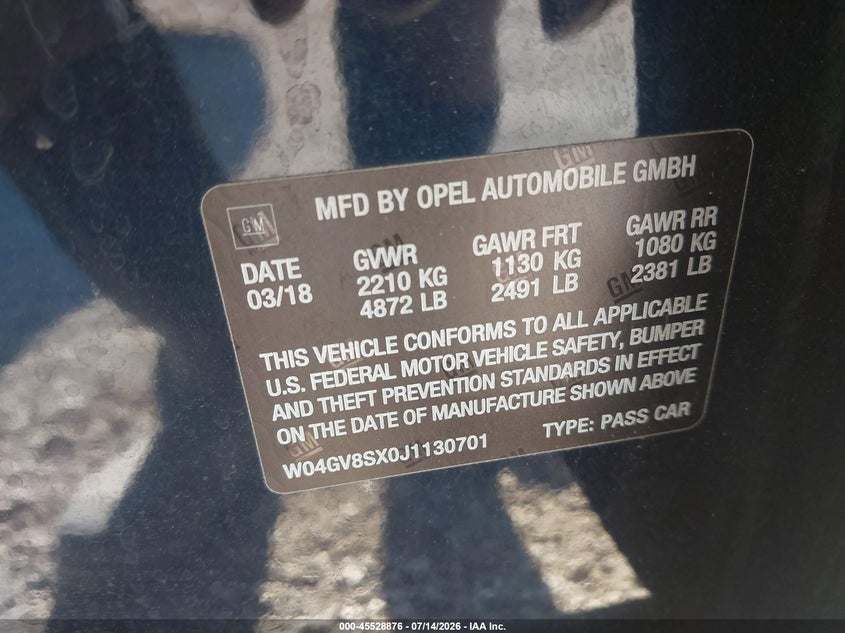 2018 Buick Regal VIN W04GV8SX0J1130701 IAAI salvage auction — FRONT END, Clear (Wisconsin), sold $3,650 on 2026-07-29 (photo 9)