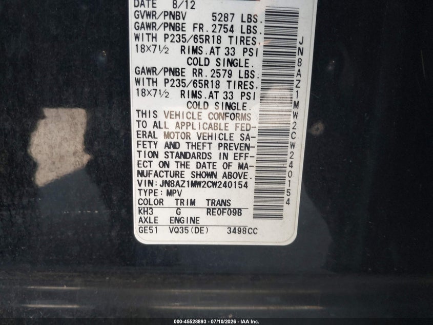2012 Nissan Murano VIN JN8AZ1MW2CW240154 IAAI salvage auction — LEFT REAR, Salvage (Connecticut), sold $400 on 2026-07-16 (photo 9)