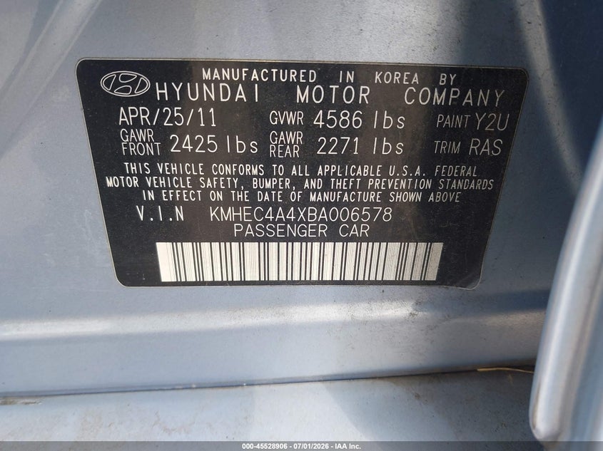 2011 Hyundai Sonata hybrid VIN KMHEC4A4XBA006578 IAAI salvage auction — SIDE, Salvage (Pennsylvania), sold $550 on 2026-07-17 (photo 9)