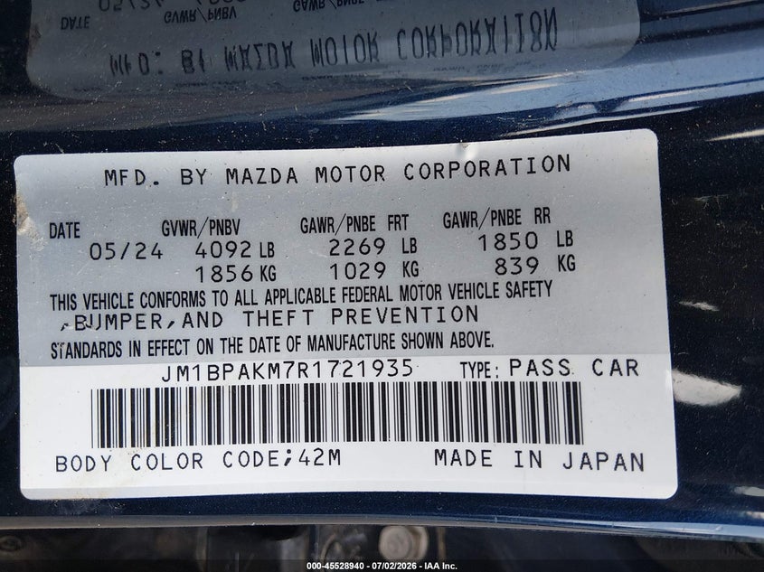 2024 Mazda 3 VIN JM1BPAKM7R1721935 IAAI salvage auction — RIGHT SIDE, Enterprise Vehicles Clear Only (Indiana), sold $3,650 on 2026-07-08 (photo 9)