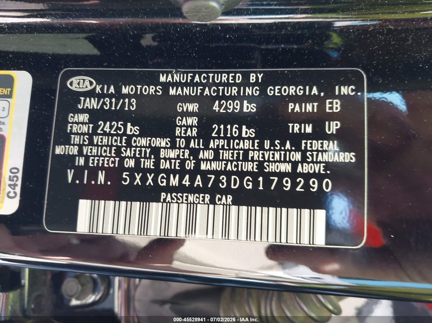 2013 Kia Optima VIN 5XXGM4A73DG179290 IAAI salvage auction — MECHANICAL, Clear (Virginia), sold $500 on 2026-07-14 (photo 9)