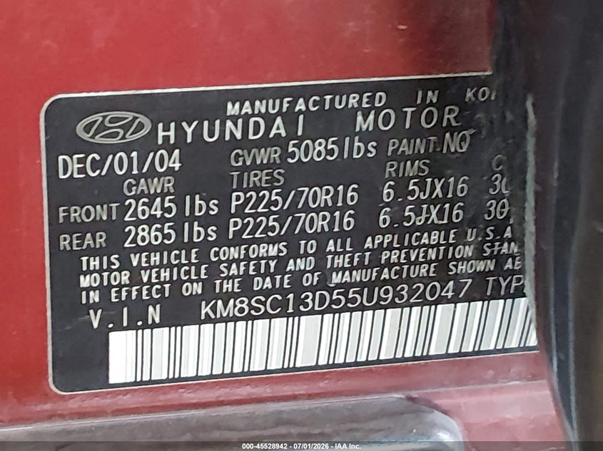 2005 Hyundai Santa fe VIN KM8SC13D55U932047 IAAI salvage auction — FRONT END, Salvage, sold $525 on 2026-07-28 (photo 9)