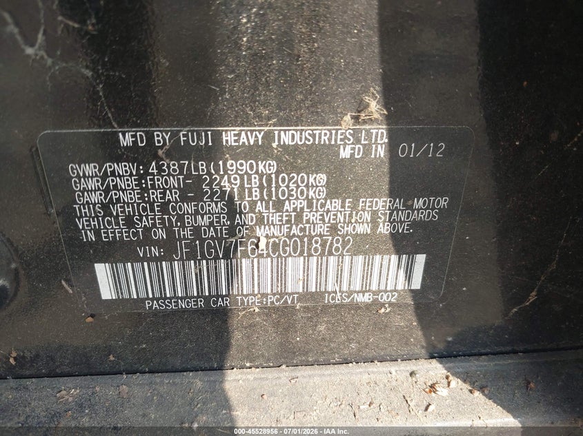 2012 Subaru Impreza VIN JF1GV7F64CG018782 IAAI salvage auction — NORMAL WEAR, Clear (Virginia), sold $2,600 on 2026-07-08 (photo 9)