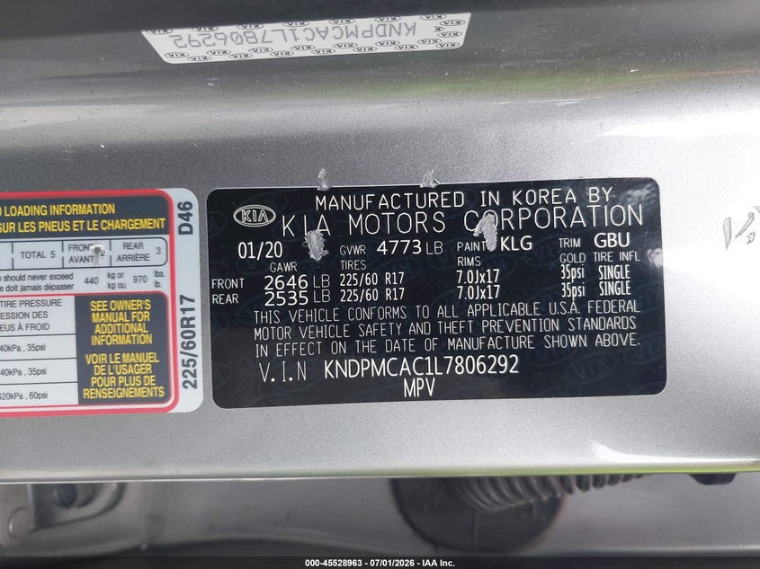 2020 Kia Sportage VIN KNDPMCAC1L7806292 IAAI salvage auction — LEFT SIDE, Salvage Title, sold $4,400 on 2026-07-22 (photo 9)