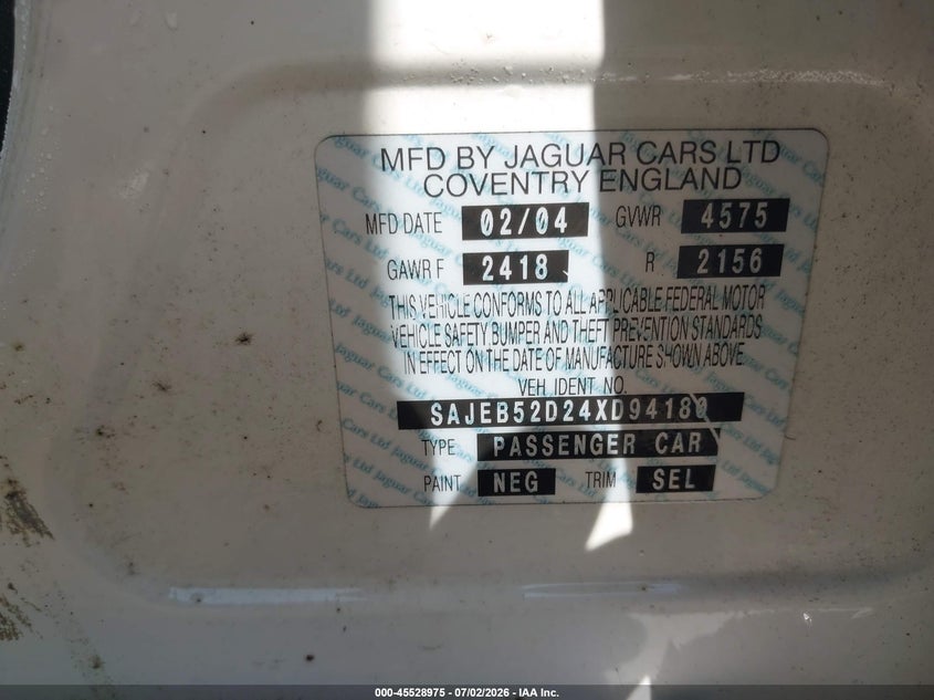 2004 Jaguar X type VIN SAJEB52D24XD94180 IAAI salvage auction — FRONT END, Salvage - Greater Than 75% (Maryland), sold $250 on 2026-07-22 (photo 9)