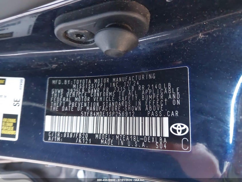 2025 Toyota Corolla VIN 5YFB4MDE1SP256912 IAAI salvage auction — FRONT END, Enterprise Vehicles Clear Only (New Jersey), sold $15,800 on 2026-07-10 (photo 9)