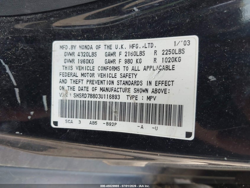 2003 Honda Cr-v VIN SHSRD78803U116893 IAAI salvage auction — NORMAL WEAR, Clear (Pennsylvania), sold $500 on 2026-07-28 (photo 9)