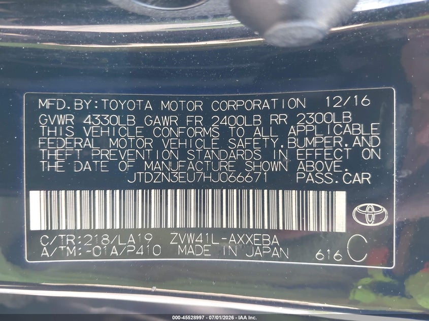 2017 Toyota VIN JTDZN3EU7HJ066671 IAAI salvage auction — FRONT & REAR, Salvage Title, sold $575 on 2026-07-28 (photo 9)