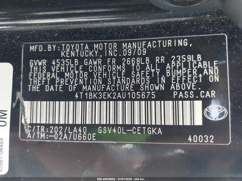 2010 Toyota Camry VIN 4T1BK3EK2AU105675 IAAI salvage auction — REAR END, Salvage (California), sold $875 on 2026-07-10 (photo 9)