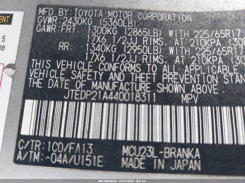 2004 Toyota Highlander VIN JTEDP21A440018311 IAAI salvage auction — NORMAL WEAR, Clear (Florida), sold $1,475 on 2026-07-07 (photo 9)