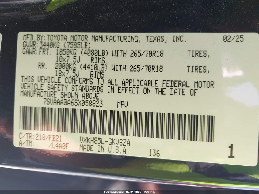 2025 Toyota Sequoia VIN 7SVAAABA6SX058823 IAAI salvage auction — MECHANICAL, Original (Ohio), sold $34,250 on 2026-07-15 (photo 9)
