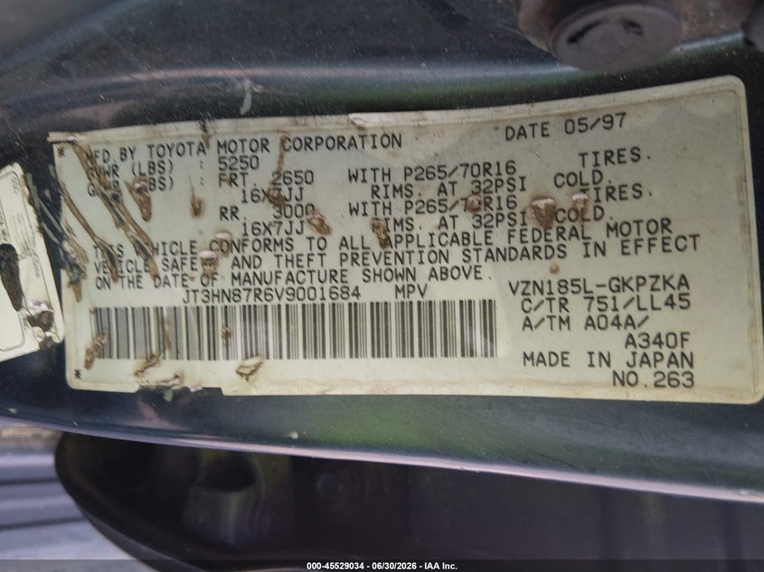 1997 Toyota 4runner VIN JT3HN87R6V9001684 IAAI salvage auction — NORMAL WEAR, Clear (South Carolina), sold $1,600 on 2026-07-08 (photo 9)