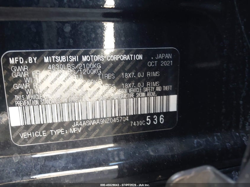 2022 Mitsubishi Eclipse cross VIN JA4ASWAA9NZ045704 IAAI salvage auction — FRONT END, Certificate Of Destruction (Florida), sold $2,550 on 2026-07-29 (photo 9)
