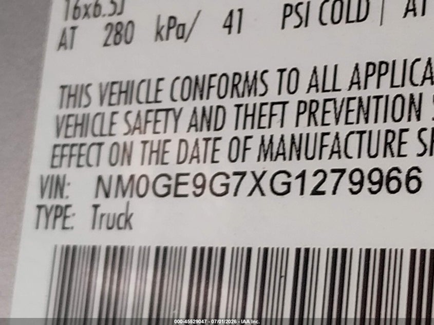 2016 Ford Transit VIN NM0GE9G7XG1279966 IAAI salvage auction — NORMAL WEAR, Original (Texas), sold $1,600 on 2026-07-27 (photo 9)