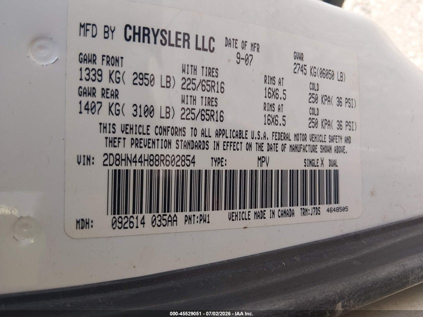 2008 Dodge Grand caravan VIN 2D8HN44H88R602854 IAAI salvage auction — FRONT END, Salvage (Ohio), sold $450 on 2026-08-21 (photo 9)