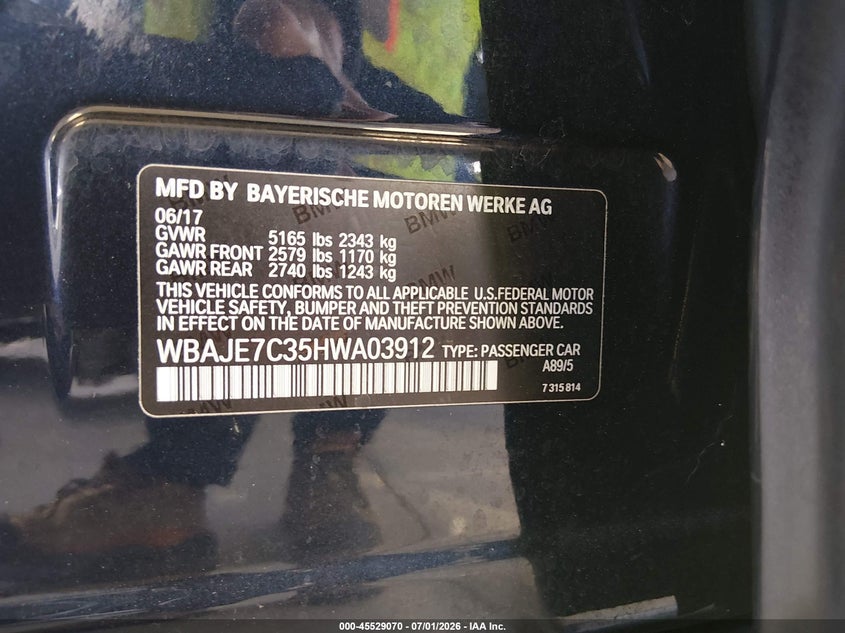 2017 BMW 5er VIN WBAJE7C35HWA03912 IAAI salvage auction — FRONT END, Rebuildable (Florida), sold $6,600 on 2026-07-18 (photo 9)