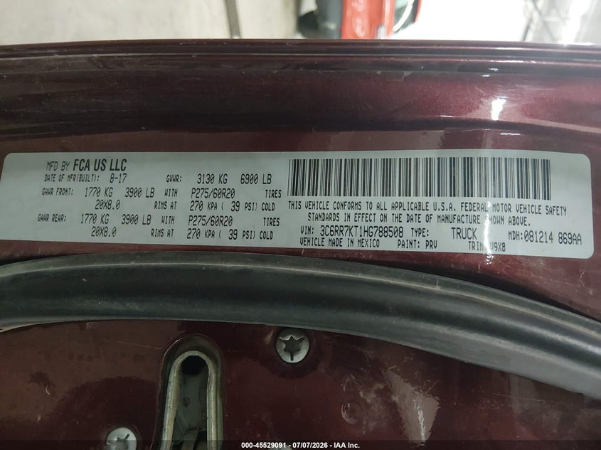 2017 Ram 1500 VIN 3C6RR7KT1HG788508 IAAI salvage auction — HAIL, Salvage (Minnesota), sold $6,000 on 2026-08-31 (photo 9)