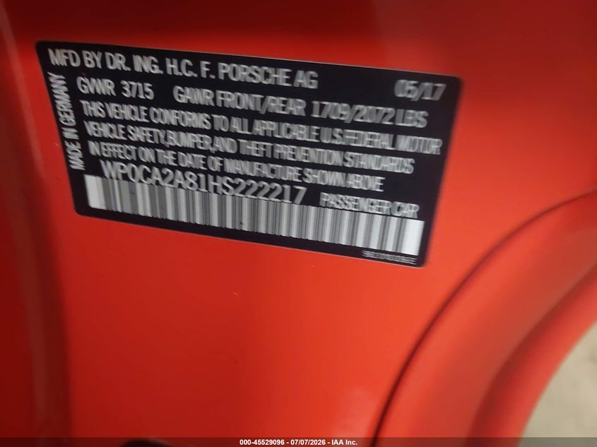 2017 Porsche 718 boxster VIN WP0CA2A81HS222217 IAAI salvage auction — ROLLOVER, Salvage Title, sold $12,000 on 2026-08-25 (photo 9)