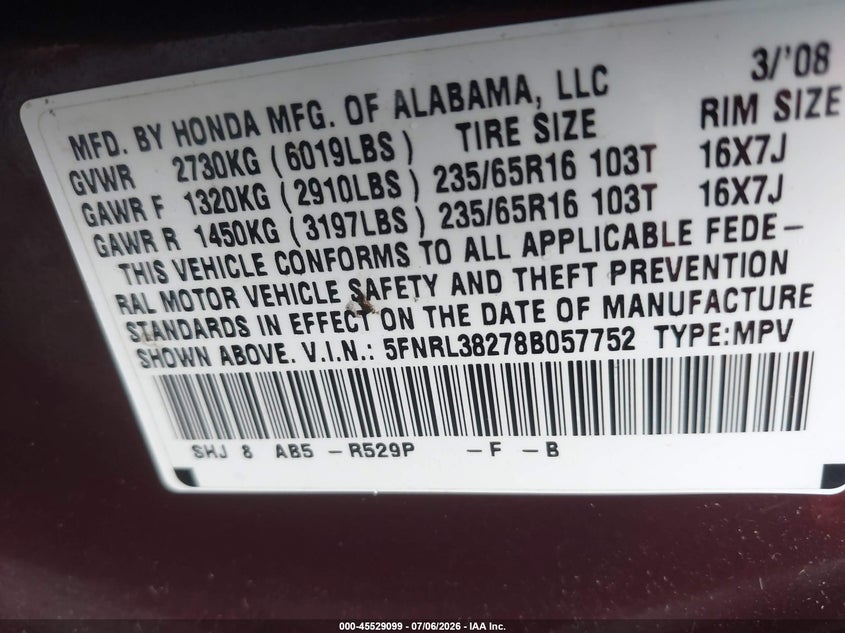 2008 Honda Odyssey VIN 5FNRL38278B057752 IAAI salvage auction — UNKNOWN, Mv-907A (New York), sold $425 on 2026-07-09 (photo 9)