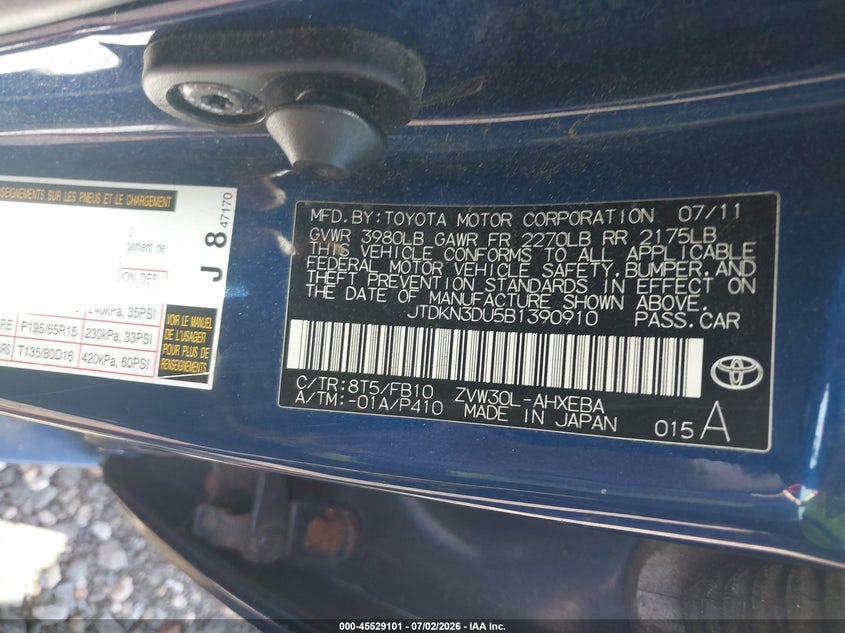 2011 Toyota Prius VIN JTDKN3DU5B1390910 IAAI salvage auction — NORMAL WEAR, Clear (New York), sold $900 on 2026-07-14 (photo 9)