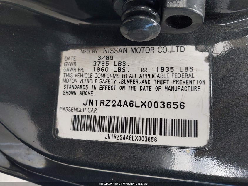 1990 Nissan 300zx VIN JN1RZ24A6LX003656 IAAI salvage auction — LEFT & RIGHT, Salvage Title - Dealer (California), sold $875 on 2026-08-24 (photo 9)