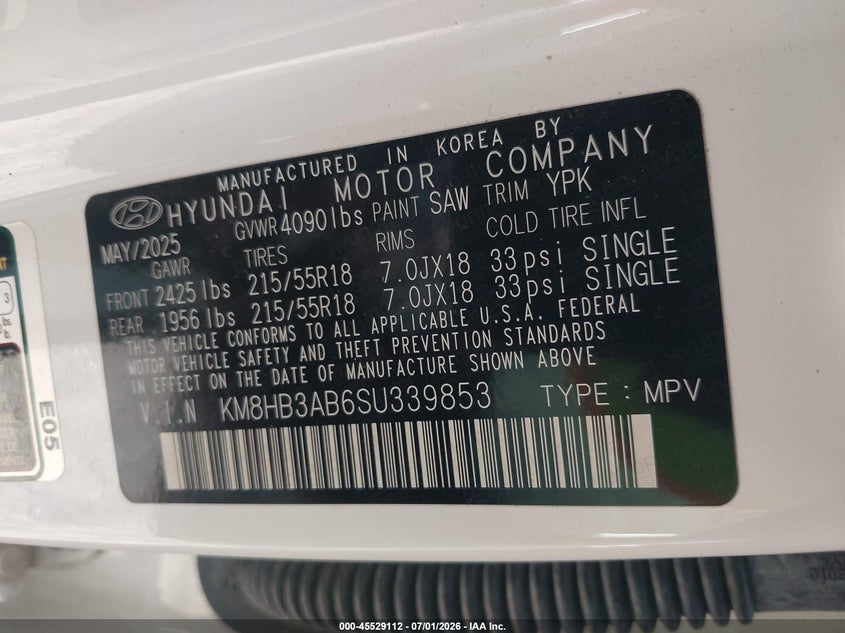 2025 Hyundai Kona VIN KM8HB3AB6SU339853 IAAI salvage auction — REAR END, Enterprise Vehicles Clear Only (Texas), sold $13,100 on 2026-07-08 (photo 9)