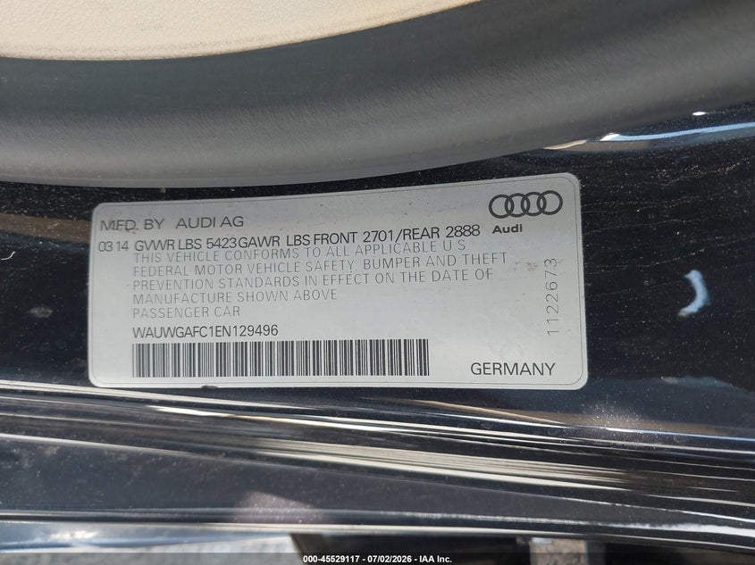 2014 Audi A7 VIN WAUWGAFC1EN129496 IAAI salvage auction — LEFT SIDE, Salvage (California), sold $1,250 on 2026-07-30 (photo 9)