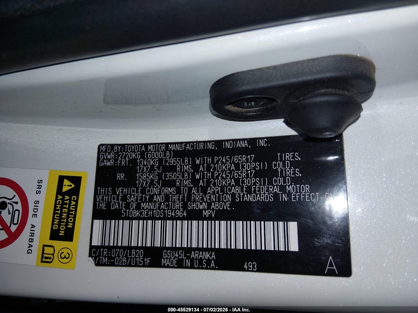 2013 Toyota Highlander VIN 5TDBK3EH1DS194964 IAAI salvage auction — LEFT REAR, Salvage (Arizona), sold $25 on 2026-07-29 (photo 9)