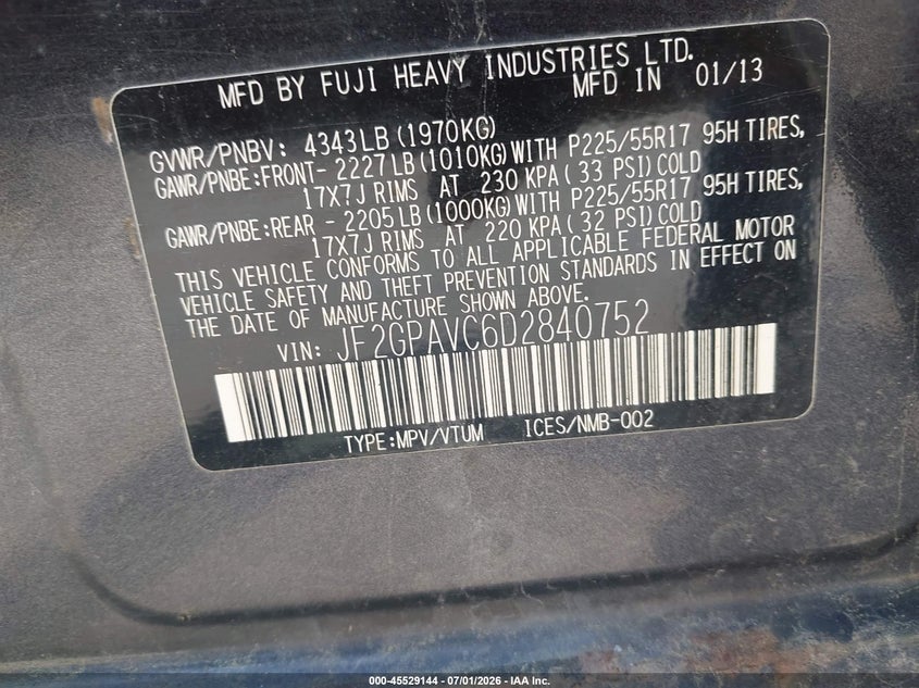 2013 Subaru Xv crosstrek VIN JF2GPAVC6D2840752 IAAI salvage auction — NORMAL WEAR, Original (Maine), sold $375 on 2026-07-30 (photo 9)