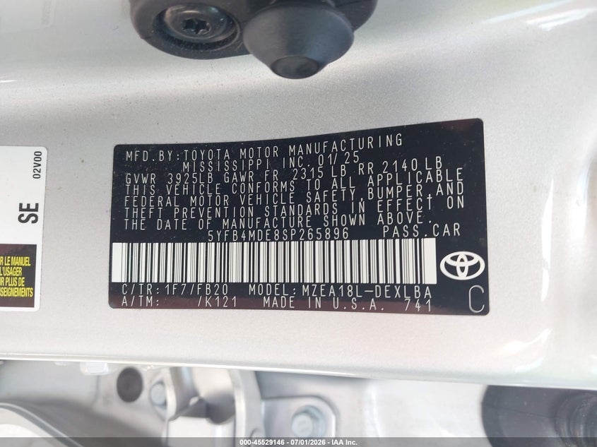 2025 Toyota Corolla VIN 5YFB4MDE8SP265896 IAAI salvage auction — MECHANICAL, Clear (Florida), sold $10,400 on 2026-07-20 (photo 9)