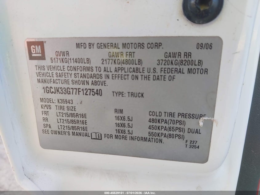 2007 Chevrolet Silverado 3500 VIN 1GCJK33G77F127540 IAAI salvage auction — REPOSSESSION, Original (Texas), sold $2,450 on 2026-07-06 (photo 8)