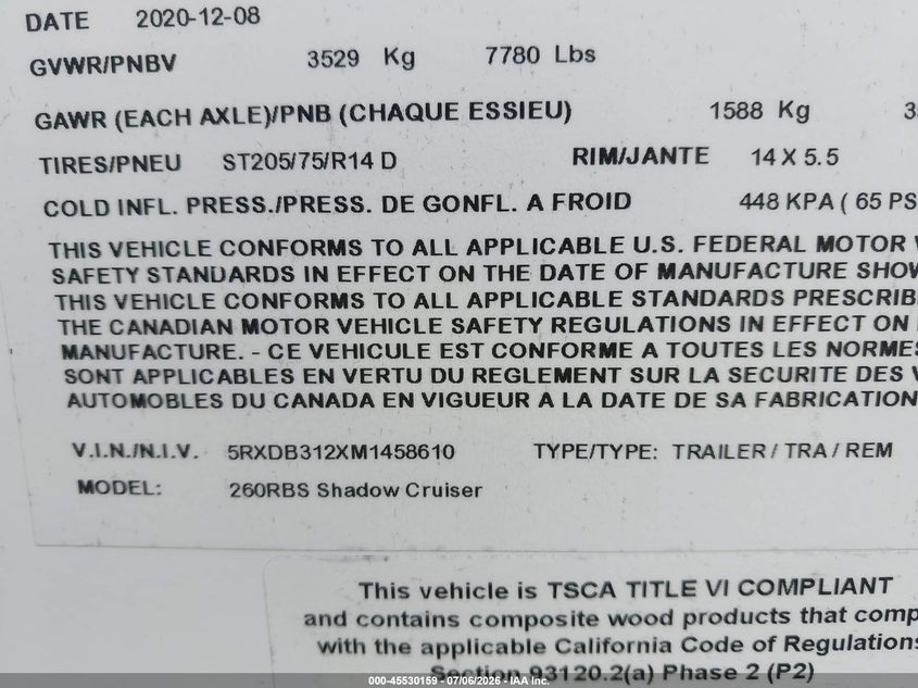 2021 Cruiser Shadow cruiser VIN 5RXDB312XM1458610 IAAI salvage auction — UNKNOWN, Mv-907A (New York), sold $4,350 on 2026-07-30 (photo 9)