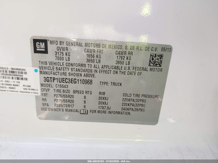 2014 Gmc SIERRA VIN 3GTP1UEC3EG110968 IAAI salvage auction — RIGHT SIDE, Wait Title, sold $2,600 on 2026-09-26 (photo 9)